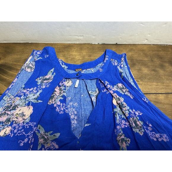 FREE PEOPLE Floral Sleeveless Mini Swing Blue Keyhole Dress Size XS - Picture 2 of 10